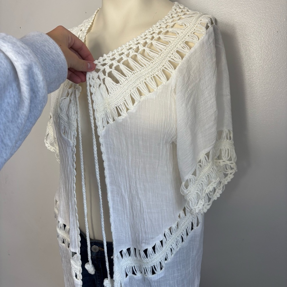 Cupshe long, white, open-front crochet cardigan, swimsuit cover-up - Picture 3 of 8